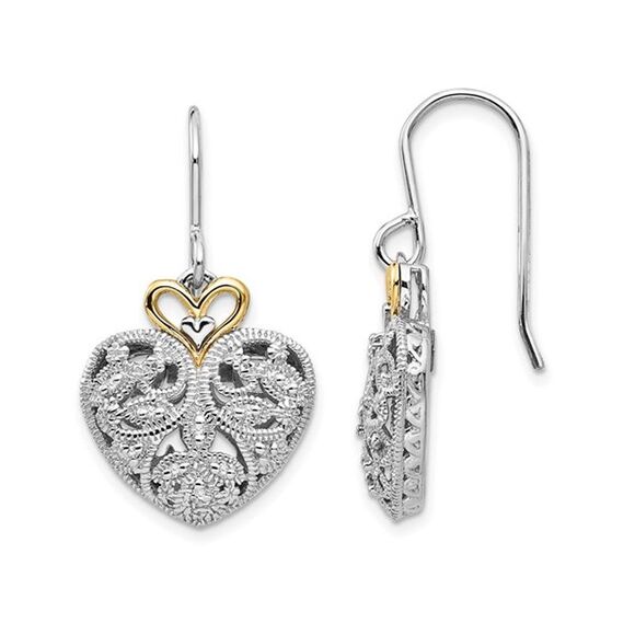 Sterling Silver Heart Vintage Dangle Earrings with Accent Diamonds